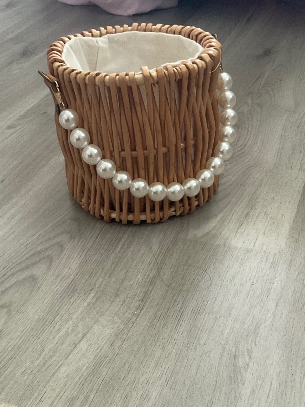 Woven Rattan Bucket Bag with Pearl Handle